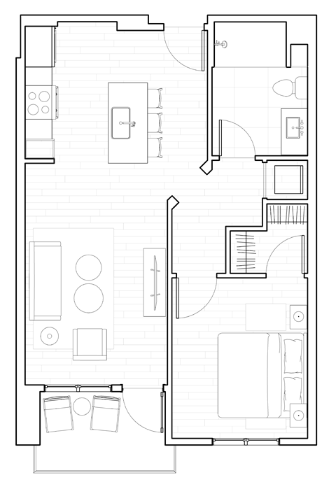 Floor plan for 1 bed, 1 bath, 671 sqft